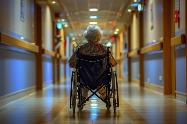 Woman in Wheelchair Walking Down a Hallway