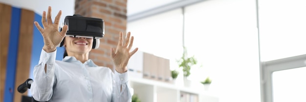 Woman in wheelchair wearing virtual glasses virtual reality chance for the to see world concept