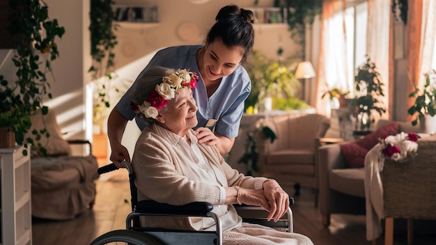 a woman in a wheelchair with a nurse in the background