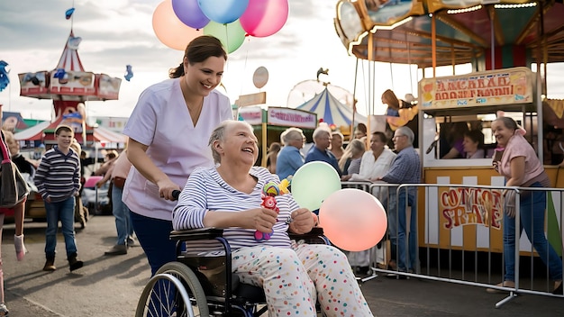 a woman in a wheelchair with a woman in a wheelchair and a woman in a wheelchair with balloons in th