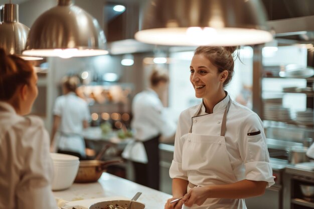 Photo a woman in a white apron is smiling at the camera she is in a kitchen with other people