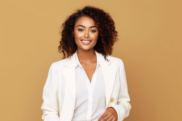 Woman in white blazer is smiling at the camera with her hands in her pockets Generative AI