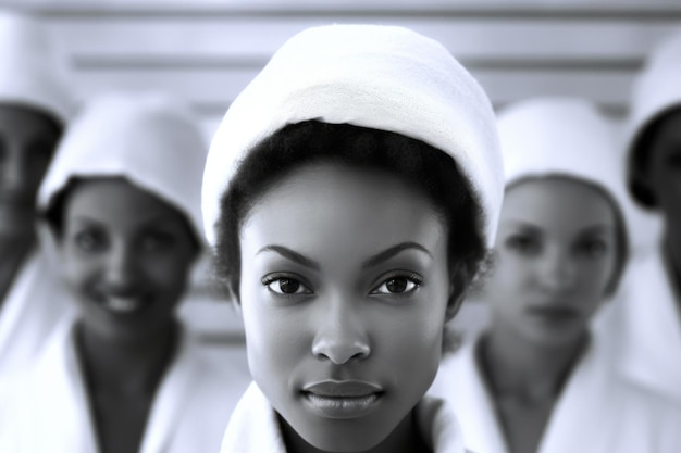 A woman in a white cap stands in front of other women.