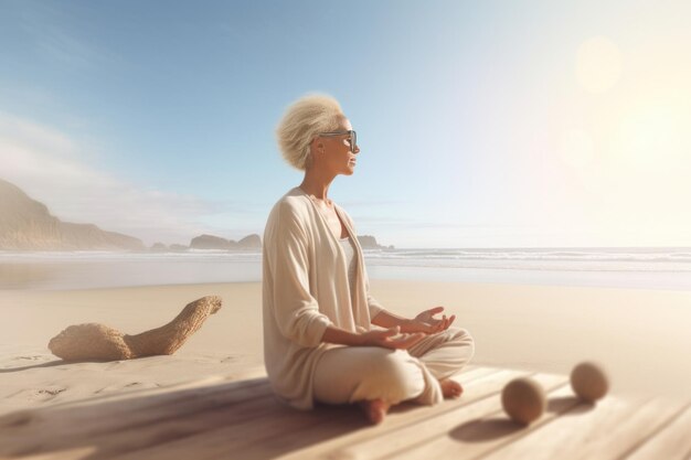 Woman in White Clothes and Sunglasses Sitting Near the Sea Yoga with a Seaview Generative AI