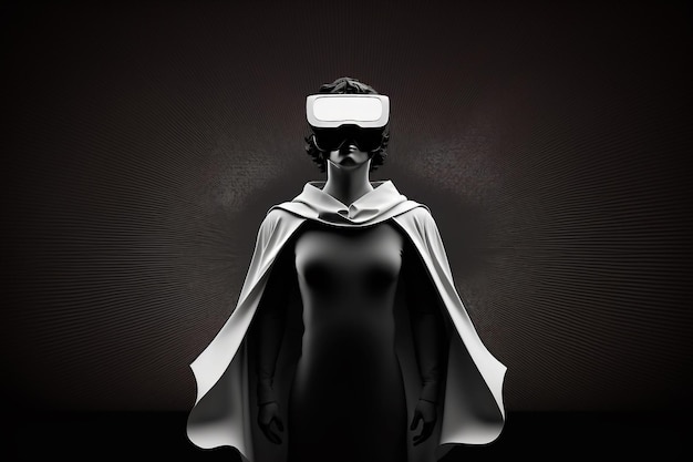 Woman in white clothes wearing virtual reality vr glasses digital mobile technology illustration Generative AI