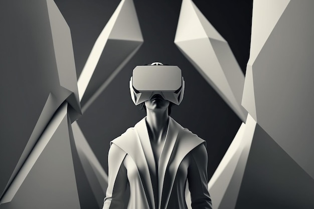 Woman in white clothes wearing virtual reality vr glasses digital mobile technology illustration Generative AI