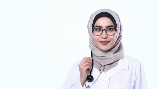 A woman in a white coat and glasses with a stethoscope around her neck stands in a white background.