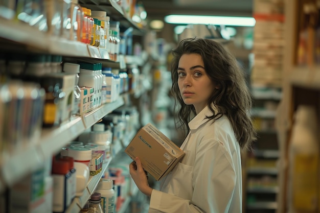 Woman in white coat holding cardboard box in store aisle Serene and thoughtful look Conceptualizing calmness in busyness Lifestyle and work concept Generative AI