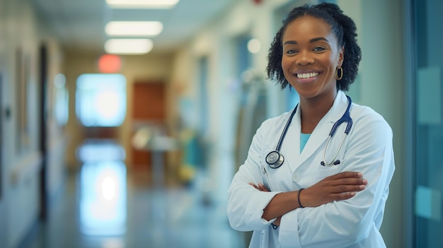 Woman in white coat hospital hallway