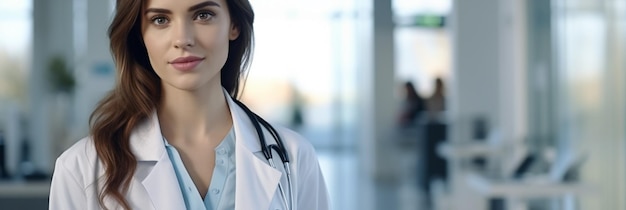 a woman in a white coat stands in a hospital corridor.