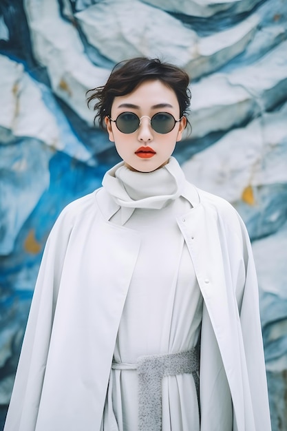 A woman in a white coat and sunglasses stands in front of a wall with a blue background.