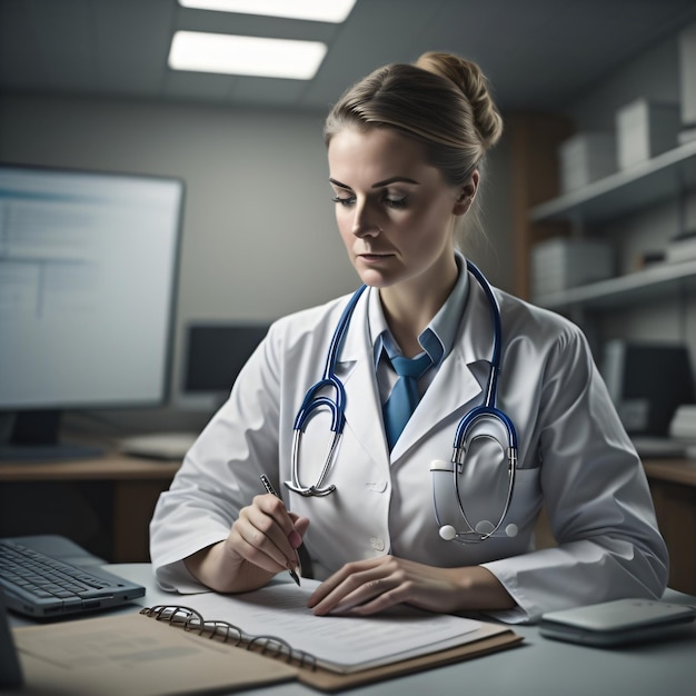 A woman in a white coat with a stethoscope on her neck sits at a desk with a computer.