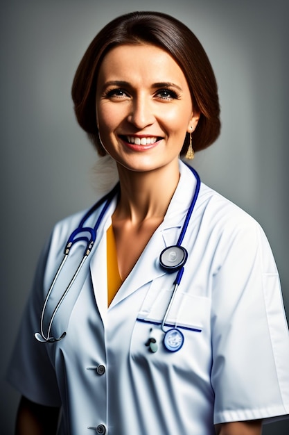 A woman in a white doctor's coat with a stethoscope around her neck.