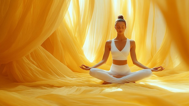 a woman in white doing yoga in front of a yellow curtain