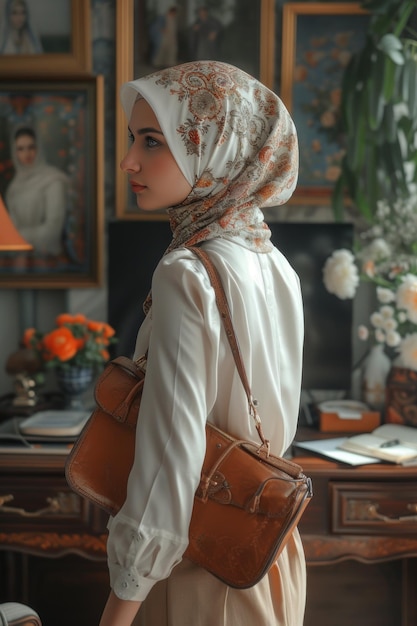 Woman in White Dress Carrying Brown Purse