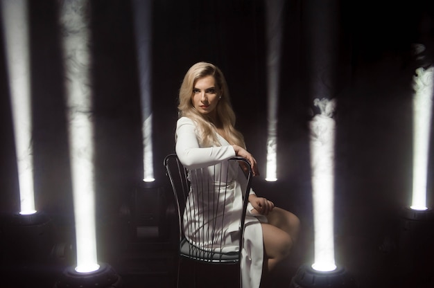 Woman White Dress, Fashion Plus Size Model in Long White Gown, Girl Standing with Lights.