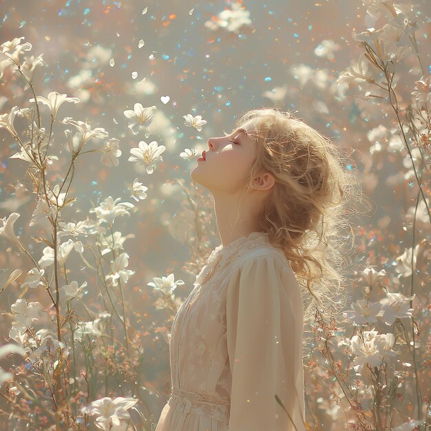 Photo woman in a white dress in a field of flowers with a dreamy and ethereal atmosphere