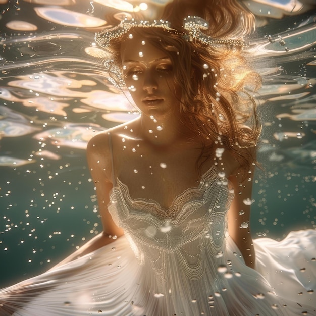 Photo woman in white dress floating underwater