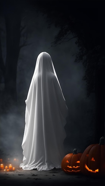 woman in white dress and halloween pumpkin in the dark 02