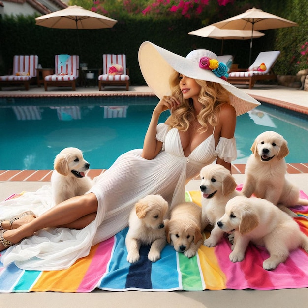 A woman in a white dress and hat surrounded by five adorable puppies