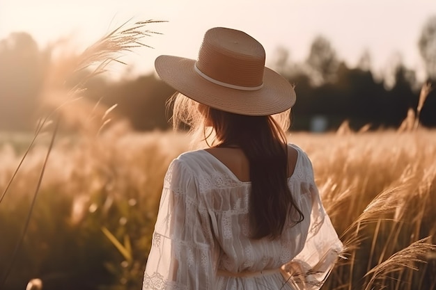 A woman in a white dress and a hat walks through a wheat field