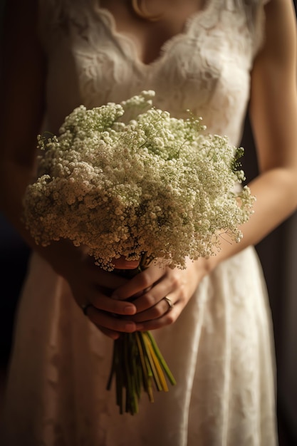 A woman in a white dress holds a bouquet of baby's breath.