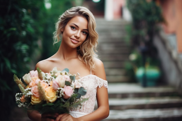 A woman in a white dress holds a bouquet of flowers.