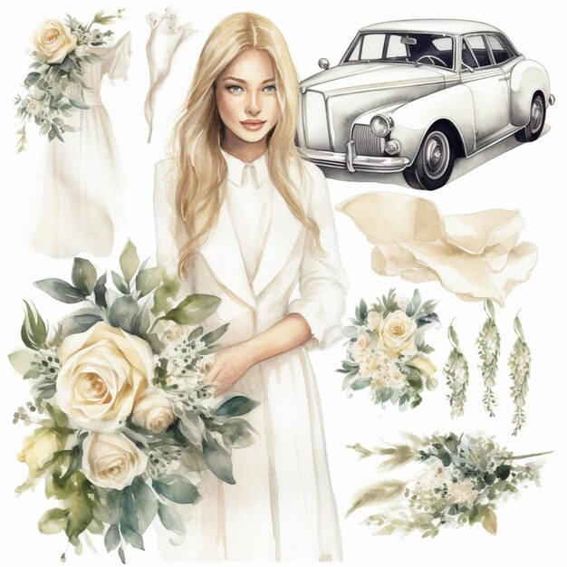 A woman in a white dress holds a bouquet of roses and a car.