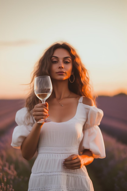 A woman in a white dress holds a glass of wine in a lavender field