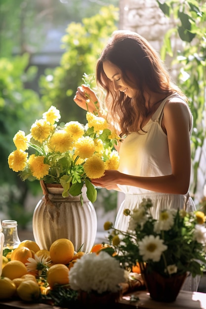 A woman in a white dress is arranging flowers in a vase.