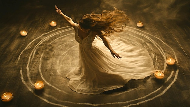 a woman in a white dress is dancing in a circle with candles