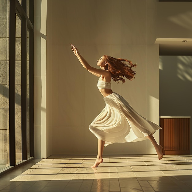 a woman in a white dress is dancing in a room with a window behind her