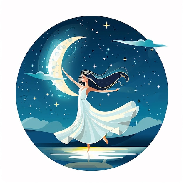 a woman in a white dress is dancing with a moon and stars in the background