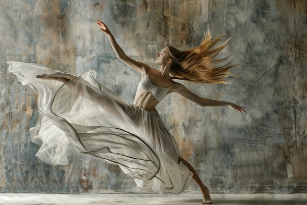 Photo a woman in a white dress is gracefully dancing with power and elegance showcase the grace and power in a single motion