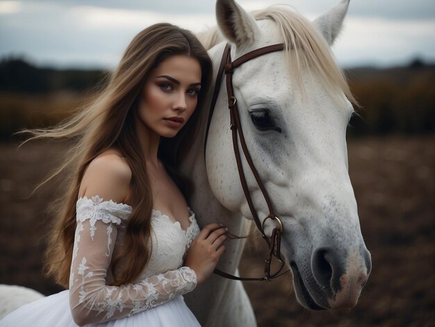 a woman in a white dress is next to a horse