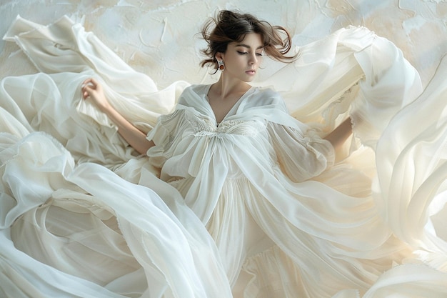 Photo a woman in a white dress is laying on a bed with a white dress and a white dress