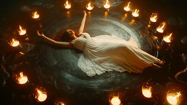 a woman in a white dress is laying on a circle of lights