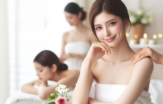 a woman in a white dress is posing in front of a mirror and a woman in a white dress