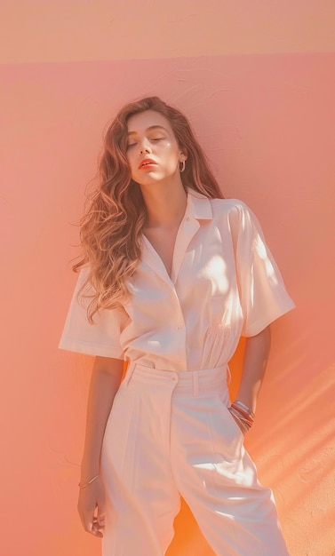 a woman in a white dress is posing in front of a pink wall