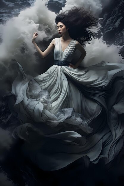 a woman in a white dress is sitting in the clouds