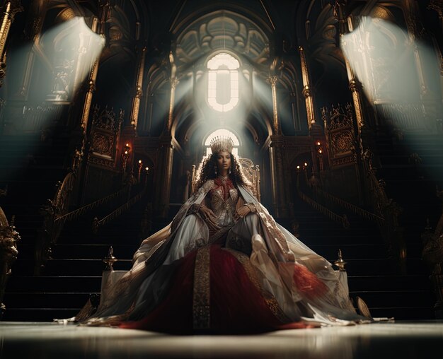 Photo a woman in a white dress is sitting on a stage in front of a large window