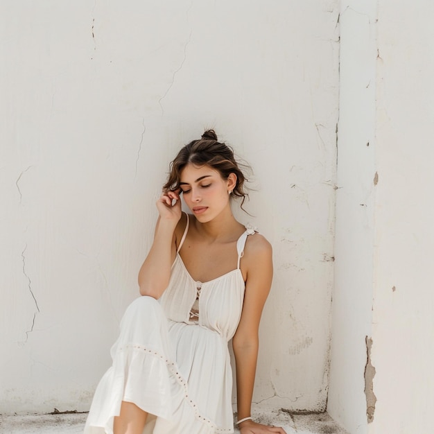 a woman in a white dress is sitting on a step and talking on her phone