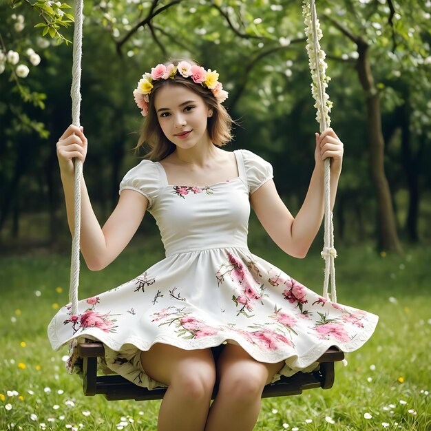 Photo a woman in a white dress is sitting on a swing with a flower on it