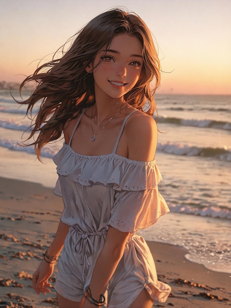 a woman in a white dress is standing on the beach