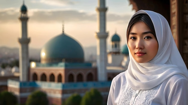 a woman in a white dress is standing in front of a building with a blue mosque in the background