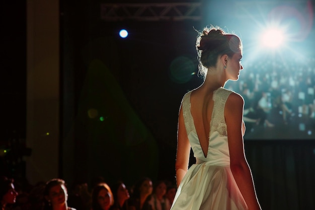 a woman in a white dress is standing in front of a crowd of people