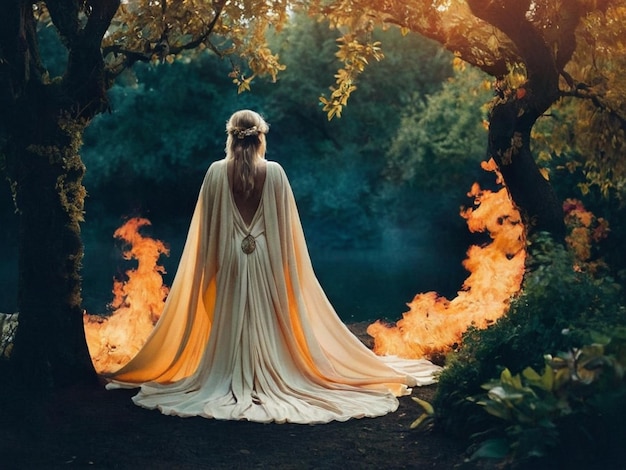 Photo a woman in a white dress is standing in front of a fire