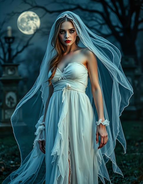 a woman in a white dress is standing in front of a full moon