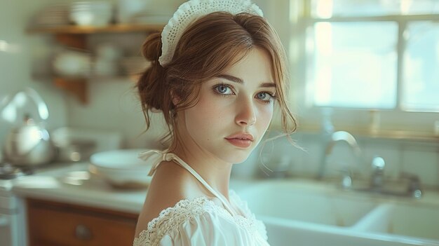 Photo a woman in a white dress is standing in front of a white sink