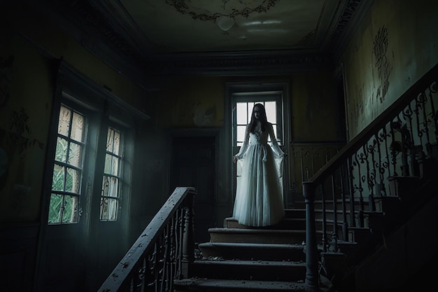 Photo a woman in a white dress is standing in front of a window